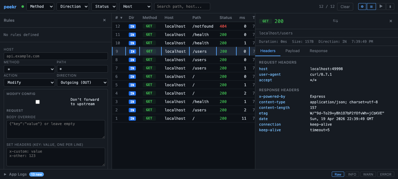 Rules panel with a modify rule configured