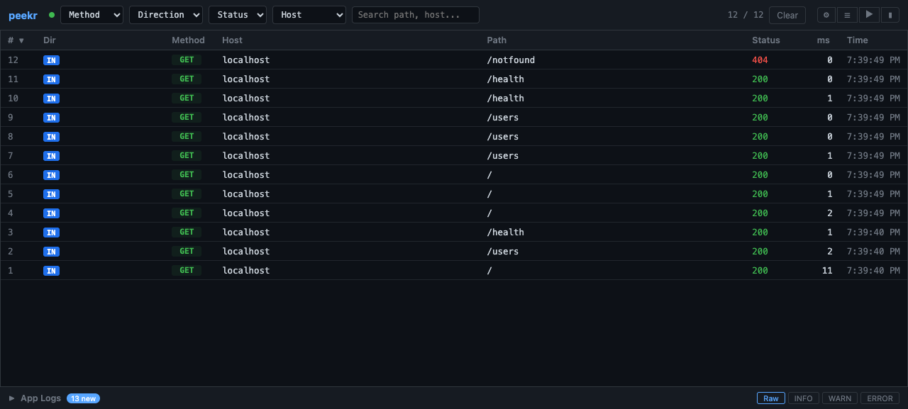 Dashboard overview with captured requests